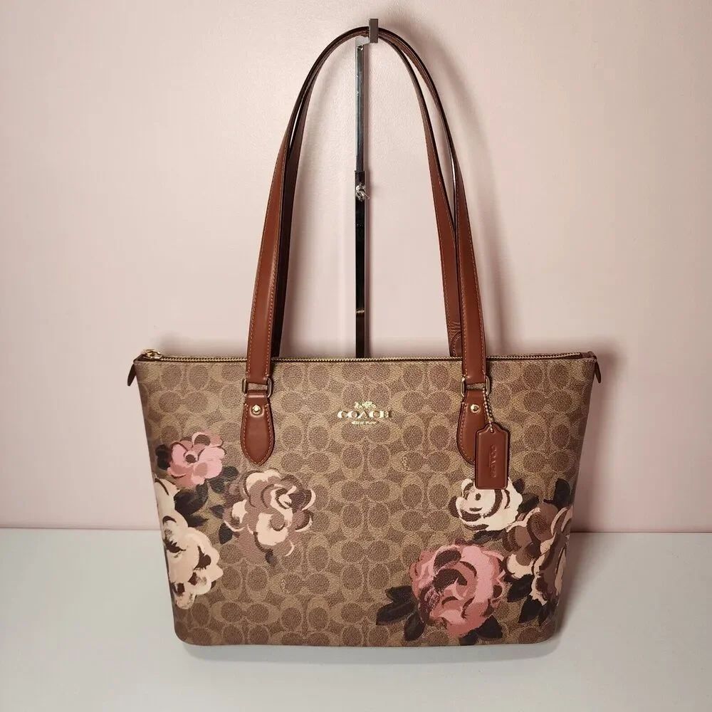 NWT Coach CZ180 Signature Rose Gallery Tote Top Zip Handbag Tan Multi